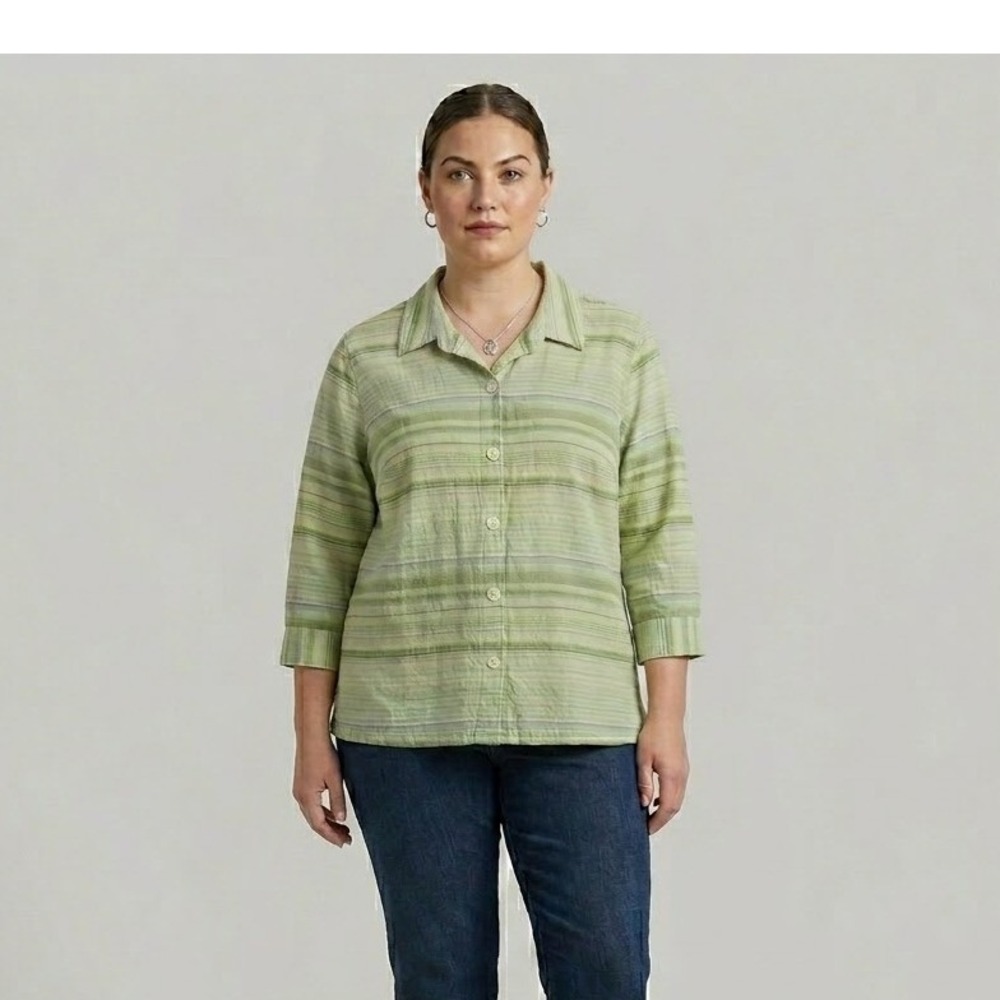 Linden Hill XL Green‎ Striped Cotton Button Down Long Sleeve Shirt Top